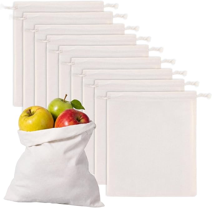 10 Pcs Reusable Produce Bags, 12"x10" Natural Linen Bread Bag Muslin Bags with Drawstring, X-Large Washable Fabric Multipurpose Canvas Cloth Gift Bag for Kitchen Food Storage, Shoe Grocery Organizer