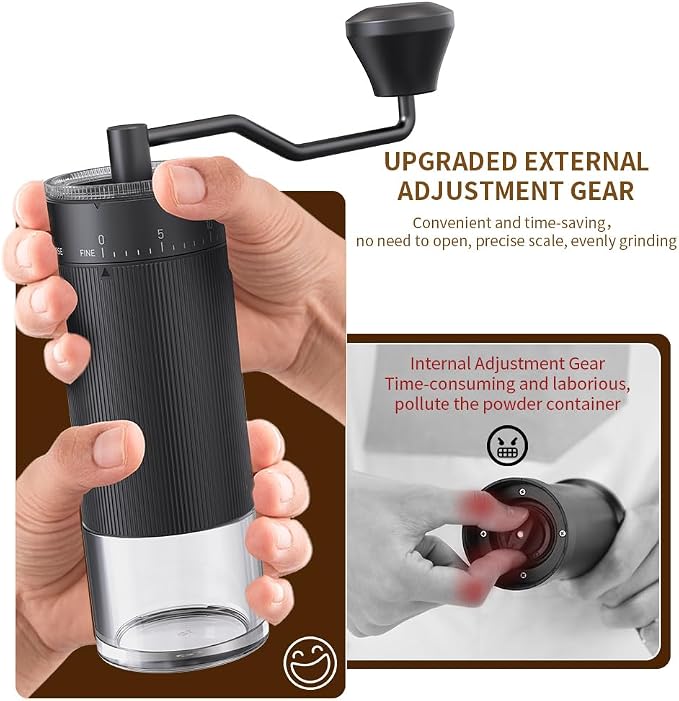 Hand Coffee Grinder Conical Burr for Espresso French Press Pour Over Double Bearing External Adjustment Capacity 25g (Stainless Steel Burr-Black)