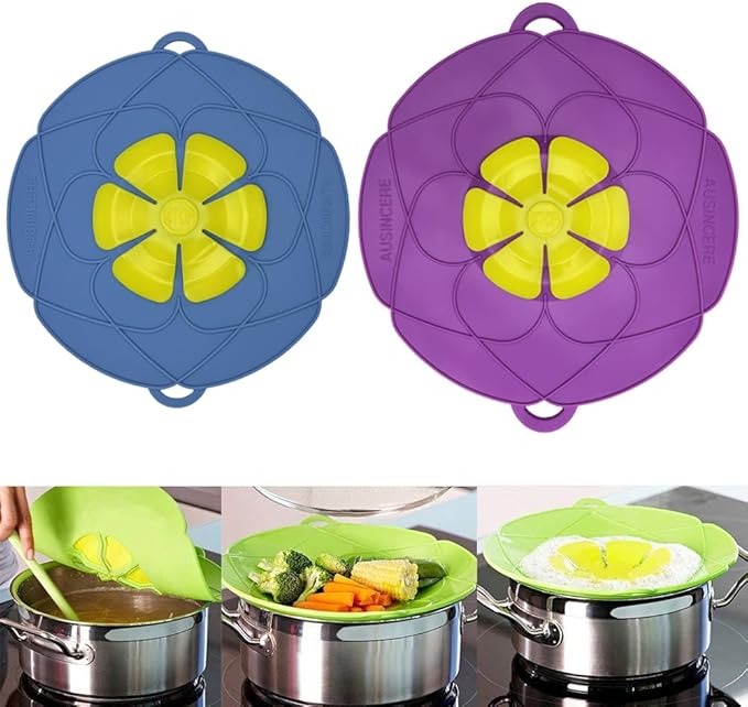 Spill Stopper Lid, Anti Spill & Boil Over Safeguard, Silicone Pot Cover, Multi-Function Kitchen Tool (11"(Purple)+10.2"(Blue))