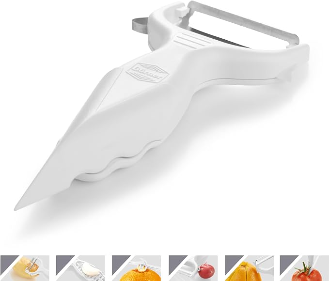 Borner 6-in-1 Fruit and Vegetable Peeler with Stainless Steel Double-Edged Blade, Multi function with Corer, Potato Eye Remover and Mini Grater, Made in Germany, White