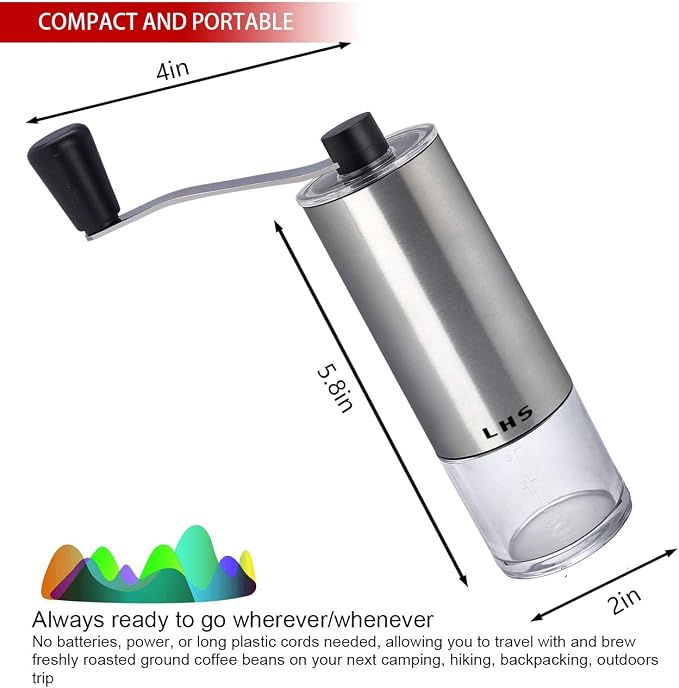 Coffee Grinder Stainless Steel Construction with Ceramic Conical Burr | Manual Grinding Mill Hand Crank for Drip, Pour Over, Espresso, French Press, Turkish Coffee Brewing