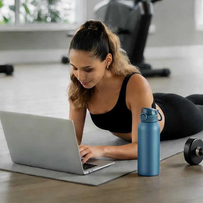 Insulated Water Bottle 24 oz with Dustproof Lid, Carry Handle & Tea Infuser, BPA-Free & Leakproof, Stainless Steel Water Bottles Ideal for Fitness, Hiking, Office & Outdoor Use (Navy Blue)