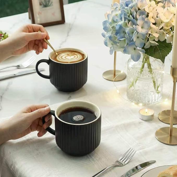 HASENSE Coffee Mug Ceramic Set of 4 with Stand, Stackable Large Latte Cups with Metal Stand, Dishwasher & Microwave Safe, Black for Cappuccino Tea Hot Cocoa