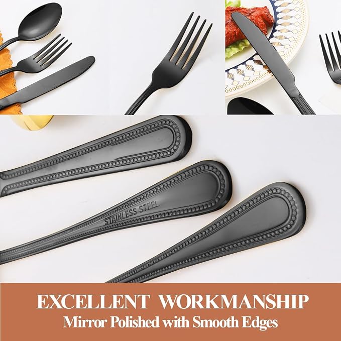 Silverware Set,20-Piece Stainless Steel Flatware Set for 4 | Food-Grade Stainless Steel Cutlery Set,Dishwasher Safe,Mirror Finished Utensil Sets for Home Restaurant,Pearl-Edged,Black