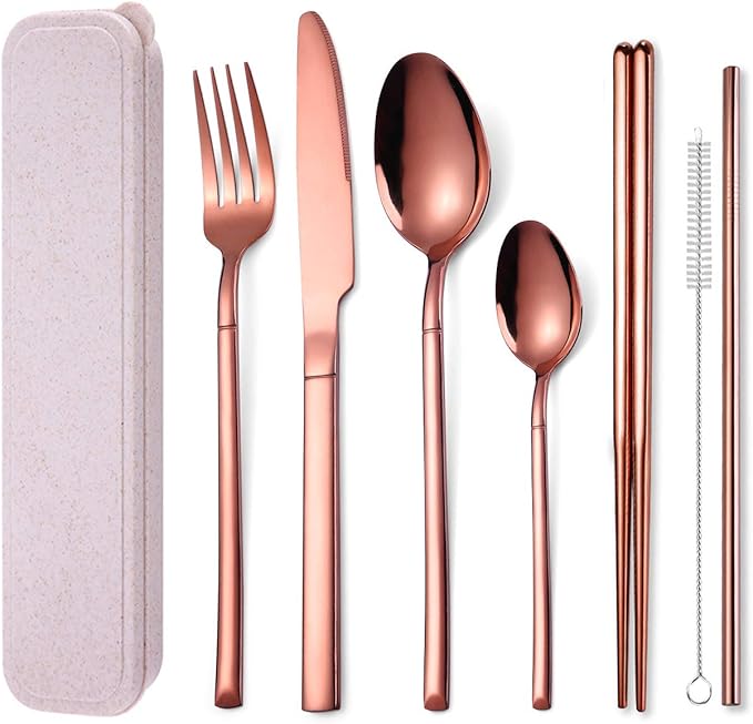AARAINBOW 7 Pieces Stainless Steel Flatware Set Portable Reusable Cutlery Set Travel Utensils Set Including Chopsticks Knife Fork Spoon Straws Cleaning Brush Dishwasher Safe (Rose golden)