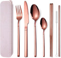 AARAINBOW 7 Pieces Stainless Steel Flatware Set Portable Reusable Cutlery Set Travel Utensils Set Including Chopsticks Knife Fork Spoon Straws Cleaning Brush Dishwasher Safe (Rose golden)