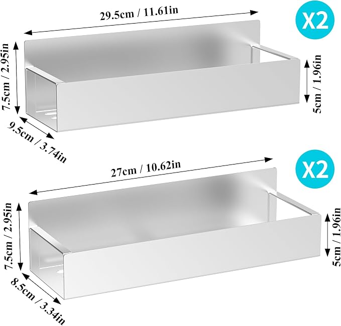 Metal Magnetic Spice Rack for Refrigerator Silver, 4 Pack | Magnetic Shelves Heavy Duty for Fridge in Kitchen, Seasoning Storage Organizer, For Oven Washer and Dryer, For Heavier Items