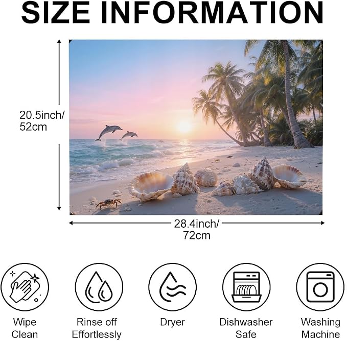 Beach Stove Top Cover, Tropical Coastal Kitchen, 28x20 in | Sunset beach with dolphins, palm trees and seashells; non-slip mat; protects glass and electric cooktops; 28.4 x 20.5 in