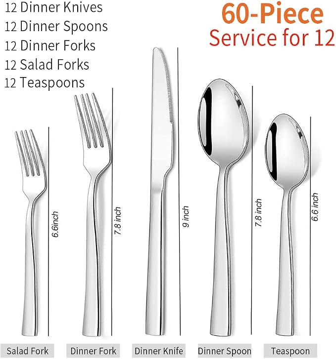 Silverware Set for 12, CXJY 60-Piece Stainless Steel Flatware Cutlery Set, Square Edge Kitchen Utensil Include Knives/Forks/Spoons, Tableware for Home/Hotel, Mirror Polished Dishwasher Safe