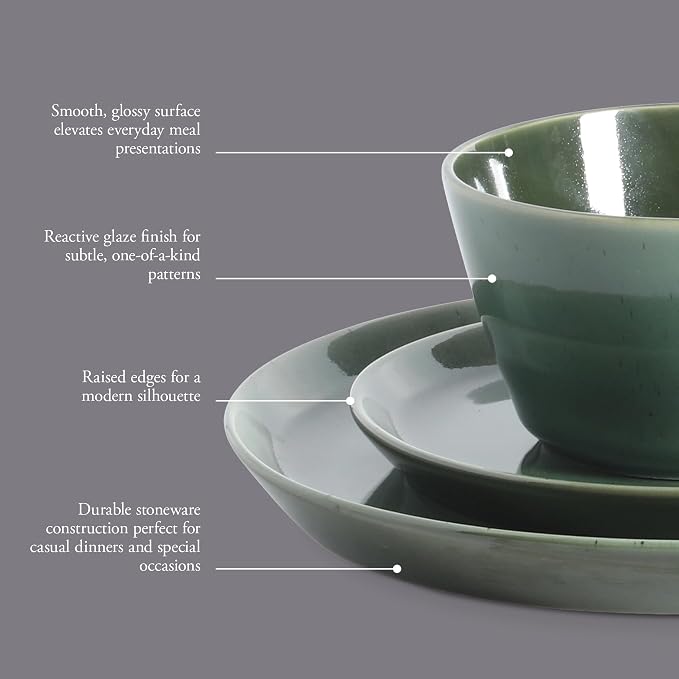 Gibson Elite 12 Piece (Service for 4) Fern Canyon Plates and Bowls Reactive Glaze Modern Coupe Round Dishes Stoneware Ceramic Dinnerware Set - Glossy Green