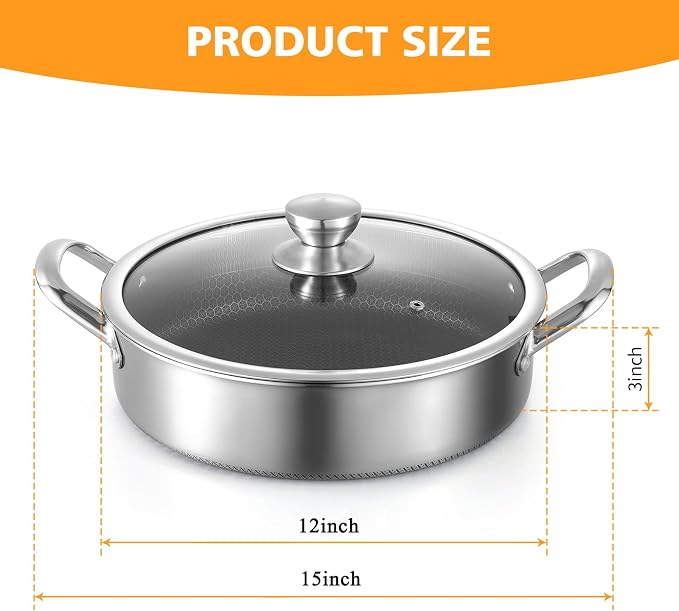 Toutrop Stainless Steel Saute Pan 12 inch Deep Frying Pan,5 Quarts Nonstick Skillet Large Sauté Pan with Lid,PFOA Free Cookware,Induction Compatible Chef Cooking Pan,Dishwasher & Oven Safe