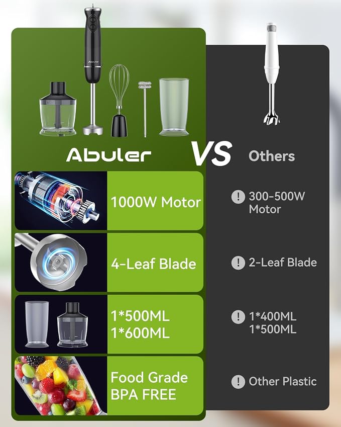 1000W 5 in 1 Immersion Blender Handheld BPA-Free 12 Speed Hand Mixer Stick | 304 Stainless Hand Blender, Mixing Beaker, Chopper, Whisk, Milk Frother, Soup, Smoothies, Baby Food, Sauce
