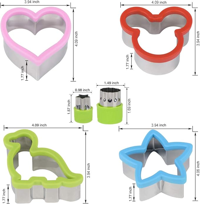 Hhyn Sandwich Cutters Set for Kids, 12 PCS | Mickey Mouse, Dinosaur, Star, Heart Shapes and Mini Vegetable Fruit Cookie Cutters Food Mold for Holiday and Party