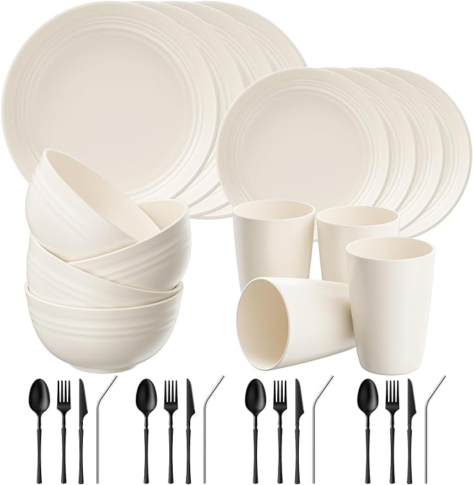 Quatish 32 Piece Plates and Bowls Sets for 4, Unbreakable Dinnerware Sets, Plastic Dish Set for Camping, Dishwasher Microwave Safe, Outdoor Kitchen and Apartment Dinning RV Essentials, Beige