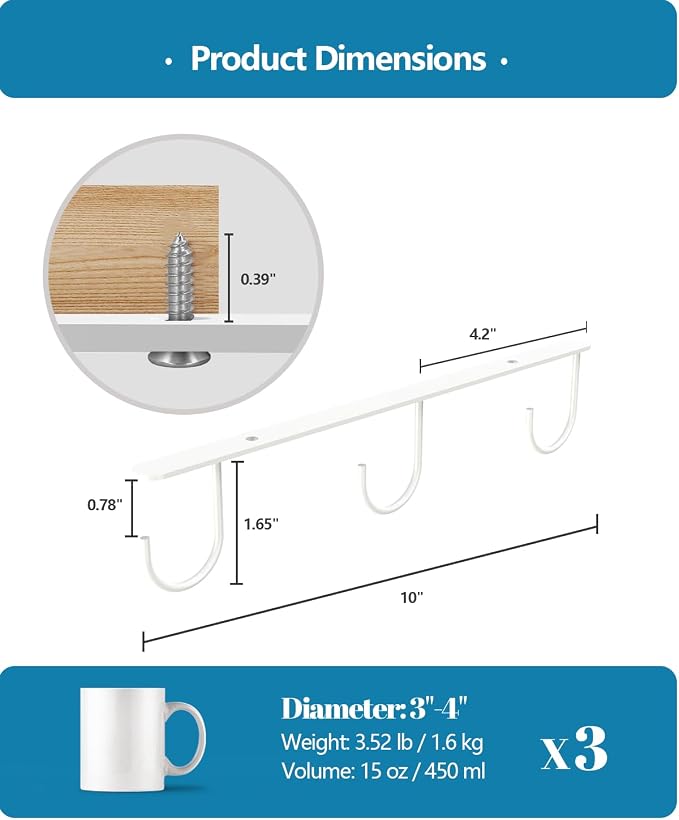 3 Pack Mug Hooks Under Cabinet with 9 Hooks for Displaying Mugs, White | Coffee Mug Holder for Hanging Under Shelf, Cup Hanger, Coffee Cups and Kitchen Utensils