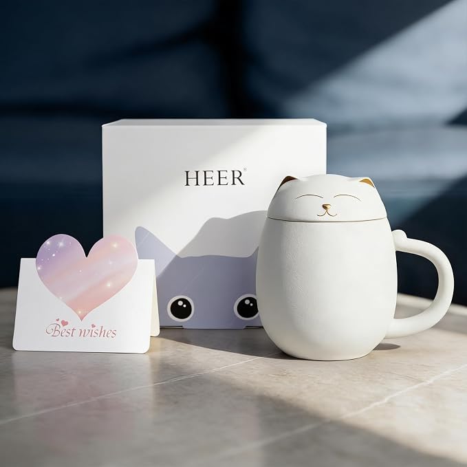 HEER Cat Ceramic Tea Mug 13.5oz with Infuser and Lid, White | Cat Lover & Cat Mom Birthday Gift for Women, Perfect for Loose Leaf Tea, Tea Strainer Cup for Home & Office Use