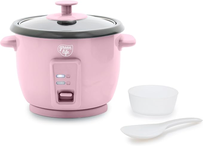 GreenLife Rice Cooker, 3-Cups Uncooked/6-Cups Cooked, Pink | PFAS-Free Ceramic Nonstick Removable Pot, One-Switch Design, Grains Multicooker, Keep Warm, Dishwasher Safe Parts, Easy Clean