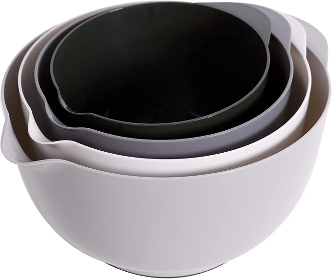 BoxedHome Classic Mixing Bowl Set of 4, BPA Free Plastic, Microwave Safe | 4.5, 3.5, 2.5 & 1.7 quarts,Non-slip Base Large Nesting Bowl with Pour Spout, Dishwasher Safe, for Prep, Cooking,Grey