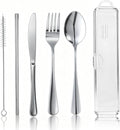 Travel Camping Utensils with Case, 6 Pcs Reusable Stainless Steel Silverware Cutlery Set, Spoon, Fork, Knife + Straw/Brush Kit for Camping, Travel, Office, Lunch Box, Eco On-the-Go (silver)