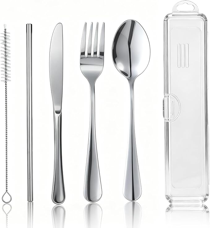 Travel Camping Utensils with Case, 6 Pcs Reusable Stainless Steel Silverware Cutlery Set, Spoon, Fork, Knife + Straw/Brush Kit for Camping, Travel, Office, Lunch Box, Eco On-the-Go (silver)
