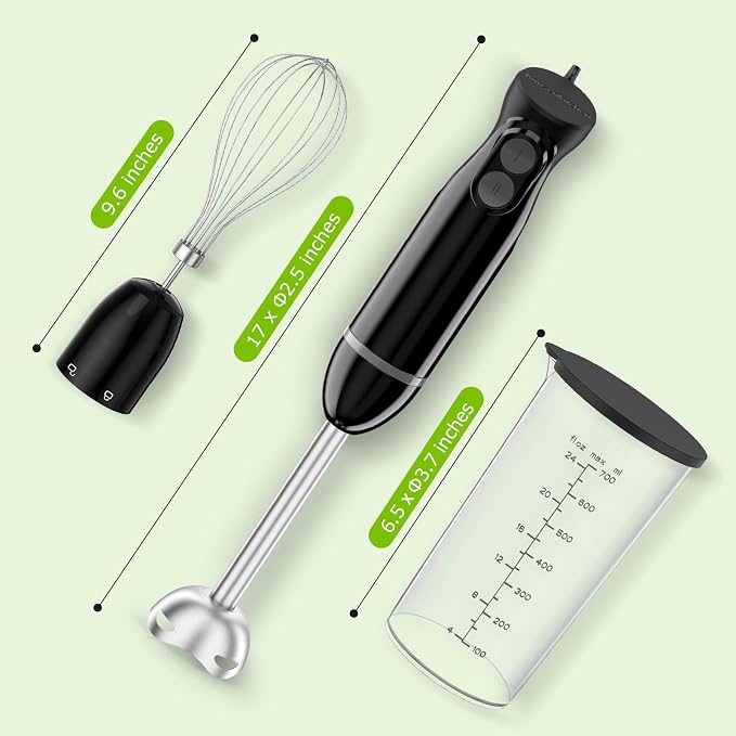 Bonsenkitchen 3-in-1 Immersion Blender Handheld with 2 Mixing Speed | Hand Blender with Egg Whisk & 24oz Beaker, Stainless Steel Blade, Portable Stick Mixer for Smoothie, Soup, Baby Food