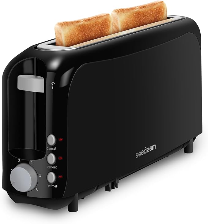 SEEDEEM 2 Slice Slim Toaster, 10" Long Slot, 6 Shade Settings, Black | Long Slot, 6 Shade Settings, Cancel/Reheat/Defrost, Removable Crumb Tray