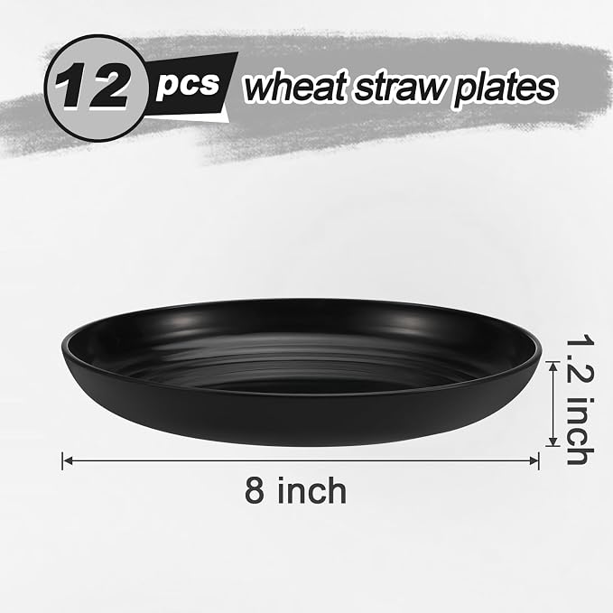 HEYCOME 12 Pcs Unbreakable Deep Dessert Plates Set, 8 inch Reusable Plastic Wheat Straw Plates, Microwave and Dishwasher Safe Plate for Kitchen, Lightweight Plate for Dessert, BPA Free, Black