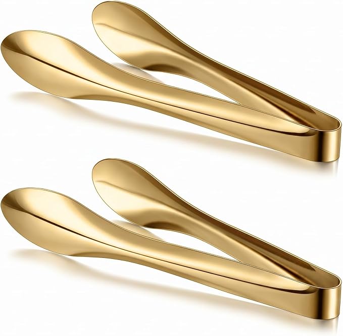2 Pack Polished Stainless Steel Serving Tongs 9 Inch Metal Food Gold Tong for Buffet Salad BBQ Grilling Heavy Duty Kitchen Utensils for Cooking Catering Wedding Party