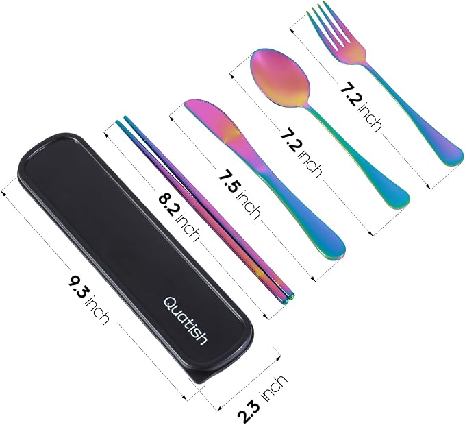 Travel Utensils with Case, Quatish 5 Piece Stainless Steel Silverware Set for Work, Portable Reusable Travel Cutlery Set, Fork and Spoon Set for Picnic, Camping, Gadgets, Lunch Box for Men, Rainbow