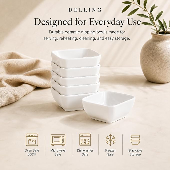 DELLING 3 Oz Ceramic Dipping Bowls Set of 6, Porcelain Soy Sauce Dish - White Dip Bowls for Charcuterie Board Cups, Small Sauce Cups for Condiment Ketchup BBQ, Dipping Sauce Cups Dishwasher Safe