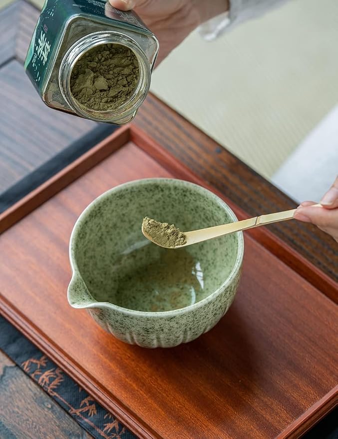 TANG PIN Matcha Set - Match Bowl and Whisk, 15 OZ Matcha Whisk Set | Matcha Scoop | Matcha Whisk Stand (Chasen Holder) - 5pc Perfect Matcha Kit for Matcha Tea Ceremony (Mottled Green)