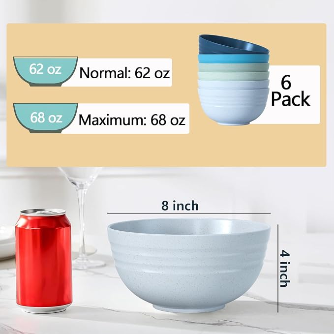 【6 Pcs】Unbreakable Mixing Bowls Unbreakable Salad Bowls, 68 Ounces Microwave and Dishwasher Safe BPA-Free Serving Bowls for Cereal,Salad,Soup,Ramen,Noodle,Oatmeal,Snack Apply to Kitchen,Freezer