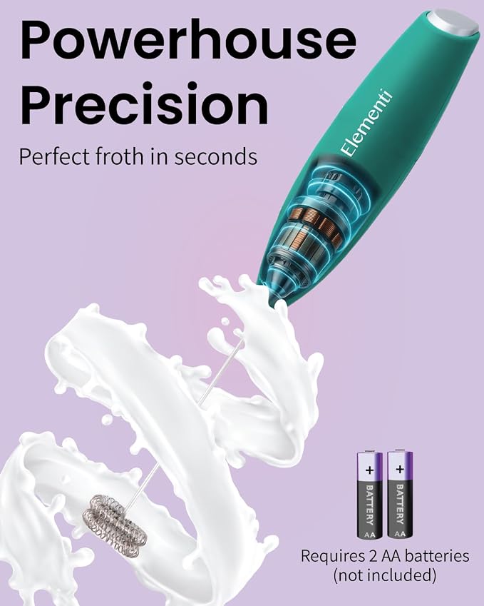 Elementi Milk Frother Wand - Easy to Use Handheld Electric Stirrer for Powder Drinks, Durable & Powerful Coffee Whisk & Protein Powder Mixer Wand, Hand Frother, Coffee Stirrers Electric (Emerald)
