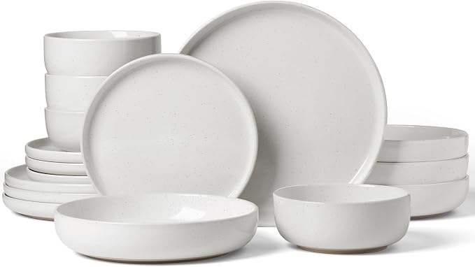 Famiware Milkyway 16-Piece Stoneware Plates and Bowls, White | Dinnerware Set with Pasta Bowls for 4, Dishes Set for Everyday/Formal Use, Microwave/Dishwasher Safe, Chip/Scratch Resistant