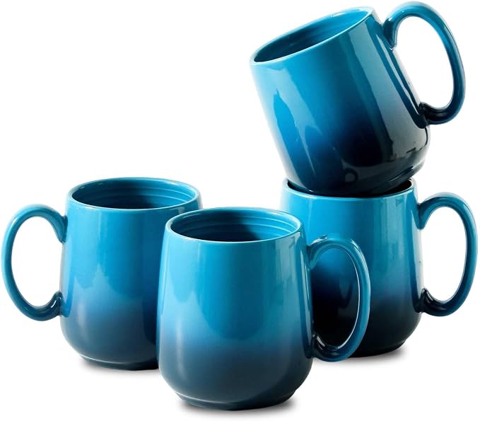 HASENSE 15oz Large Ceramic Mug Set, 4-Piece Blue Ombre Coffee Cups with Handle – Microwave & Dishwasher Safe for Cappuccino Latte Tea, Housewarming Present