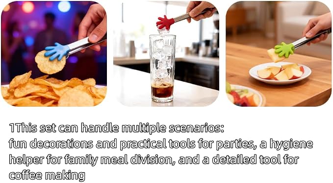 4PCS Silicone Mini Tongs, 5 Inch Colourful Small Hand Shape Metal Food Tongs, Kitchen Tool for Serving Food, Ice Cube, Fruits, Sugar, Barbecue, Desserts，Great for Party, Buffet