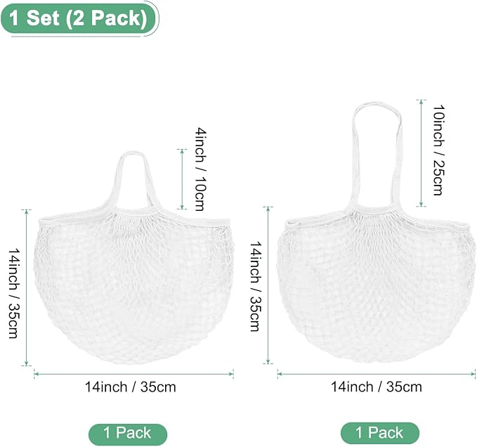 M METERXITY 2-Pack Cotton Mesh Bag, Reusable Washable Mesh Net String Grocery Bags, Reusable Produce Bags with Handle, Net Tote Bag for Fruits/Vegetables Shopping [White, Long&Short Handle]
