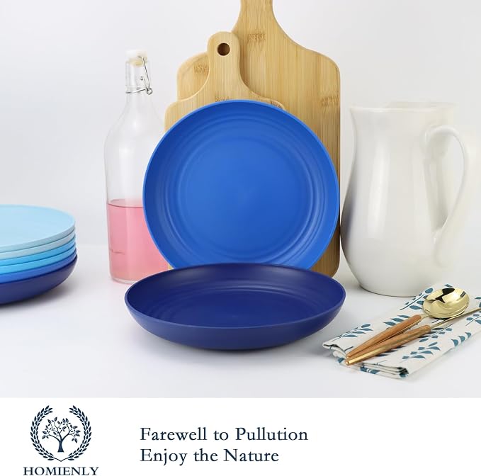 Salad Plates 10 Inch Unbreakable Wheat Straw Plates Dinner Plates Set of 8 Microwave Safe Plates for Kitchen Dishwasher Safe Plastic Plates Alternative for Picnic,Camping,RV (Blue Series)