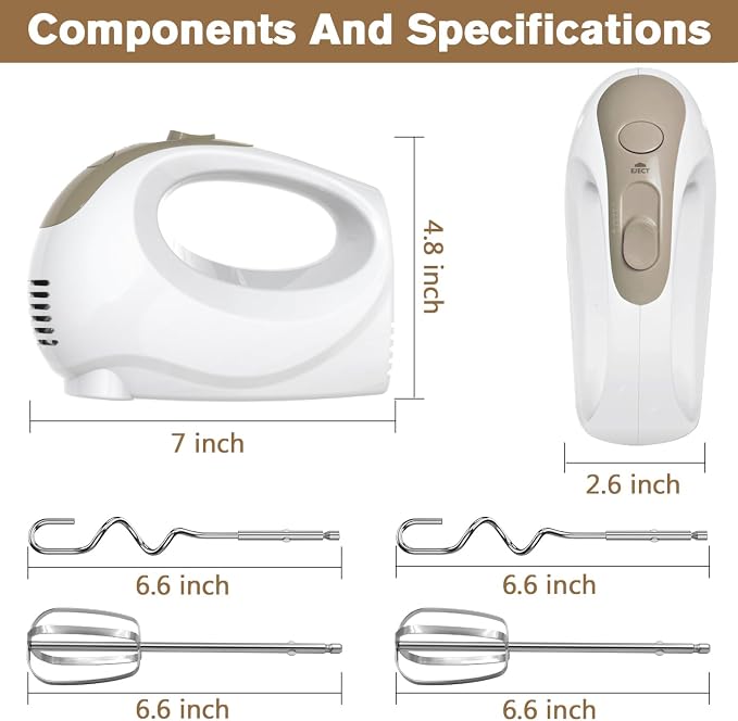 5-Speed Electric Hand Mixer with Whisk, Traditional Beaters, 120 Watts,Portable & Lightweight, Blending or Cooking White