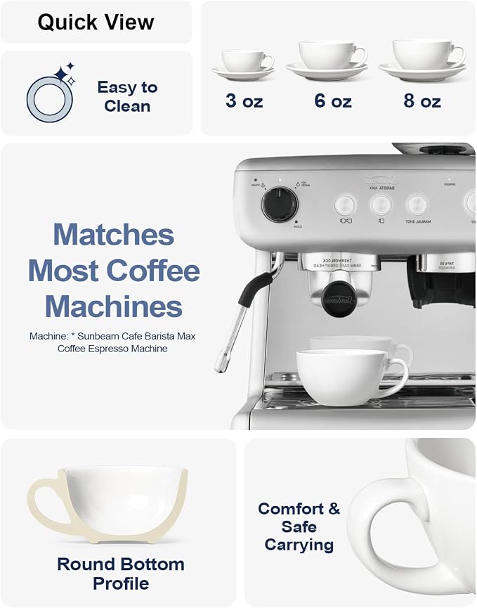 LE TAUCI 3 oz Espresso Cups with Saucers, Set of 4 Ceramic Demitasse Cup and Saucer Set for Double Espresso Shot, Lungo, Ristretto, Embossed Coffee Cups, White