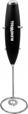 BlendWell Electric Milk Frother for Matcha and Coffee, Handheld Battery Operated Drink Mixer with Stand, Stainless Steel Whisk, Black
