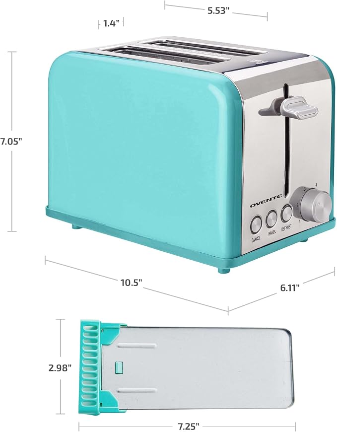 OVENTE 2-Slice Electric Toaster, 825W 6 Browning Setting, Turquoise TS2450T | Perfect for Bagel, and Defrost, with Cancel Functions, Extra-Wide Slots, Stainless Steel Retro Countertop Design