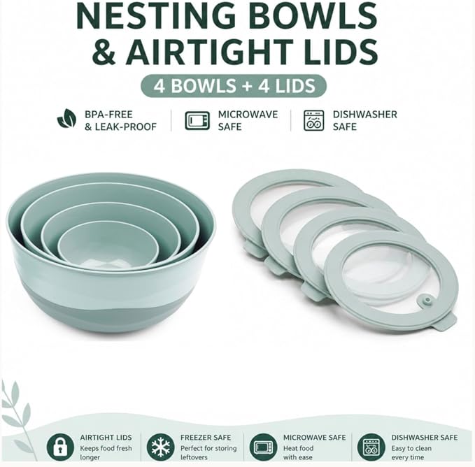 Pera Airtight Mixing Bowls with Lids, 8-Piece BPA-Free Nesting Prep Bowl Set for Kitchen & Food Prep, Large 4200ml Capacity, Microwave & Dishwasher Safe