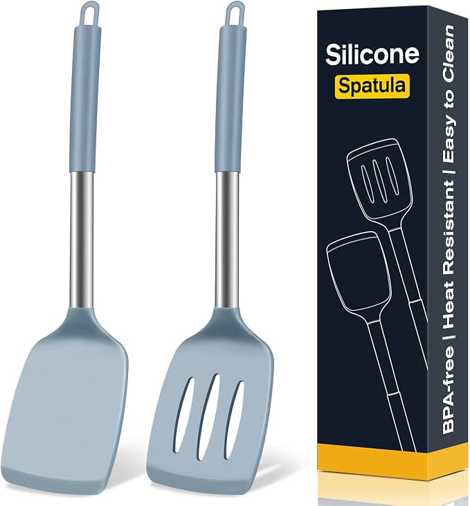 2 Pack Silicone Spatula Set, Solid & Slotted Turner for Non-Stick Pans, High Heat Resistant Silicone Spatula for Cooking, BPA-Free Stainless Steel Cooking Utensils for Fish, Eggs, Pancakes, Blue