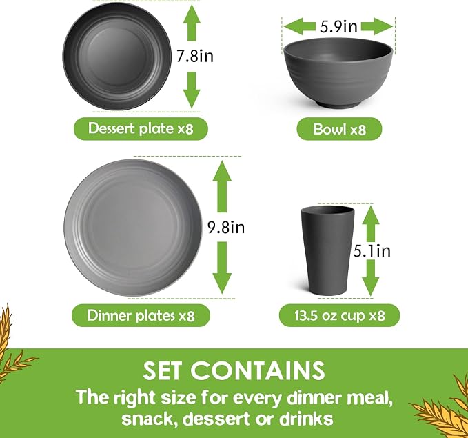 Teivio 32-Piece Plates and Bowls Sets for 8, Wheat Straw Dinnerware Sets | 13.5oz Cups, Plastic Unbreakable Dish Set, Dishwasher, for Outdoor Camping Dinning RV Kitchen Essentials, Gray Ombre