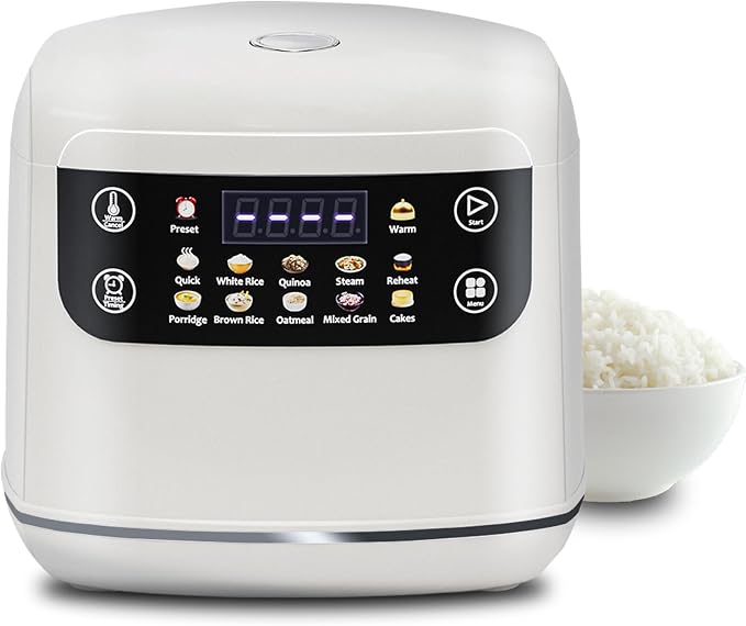 Portable Digital Rice Cooker, 6-Cup (Uncooked)/12-Cup (Cooked) Small Rice Maker with Steaming Basket, Mini Rice Cooker with 2L Removable Nonstick Inner Pot, 10 Menu Options, Auto Keep Warm, 24 Hour Delay Timer, White
