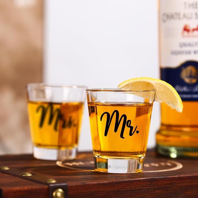 Engagement Gift Set for Couples - Ring Finger Wine Glasses, Personalized Mr and Mrs Shot Glasses & Keepsake Box,Unique Bridal Shower & Wedding Gift for Newly Engaged, Mr & Mrs, Bride and Groom