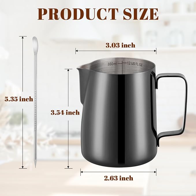 Amrules Milk Frothing Pitcher 12oz Frother Cup Barista Tools, Bright Black | 18/8 Stainless Steel, 12oz Capacity with Clear Scale, with Decorating Pen, Ergonomic Handle, for Cappuccino, Latte & Espresso