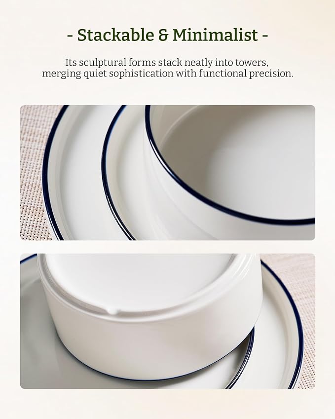 Famiware Porcelain 18-Piece Dinnerware Set, White with Blue Trim | Plates and Bowls for 6, Dishwasher & Microwave Safe, Chip & Scratch Resistant, Ideal for Everyday & Formal Use