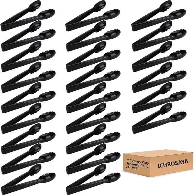 24 Pieces Plastic Serving Tongs, Scalloped Grip Disposable Salad Tongs, 9" Heavy-Duty Serving Utensils, BPA-Free, Perfect for Buffets, BBQ, Parties & Catering Ice Food, Black
